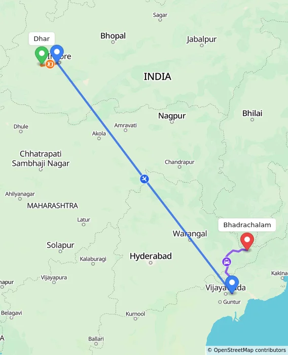 Route map showing distance and travel time from Dhar, India to Bhadrachalam, India