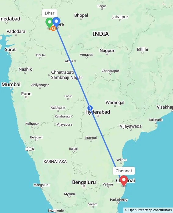Route map showing distance and travel time from Dhar, India to Chennai, India
