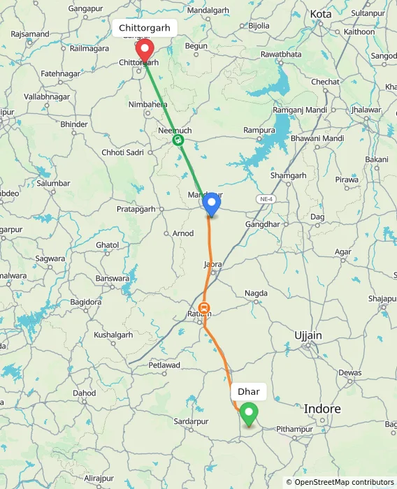 Route map showing distance and travel time from Dhar, India to Chittorgarh, India