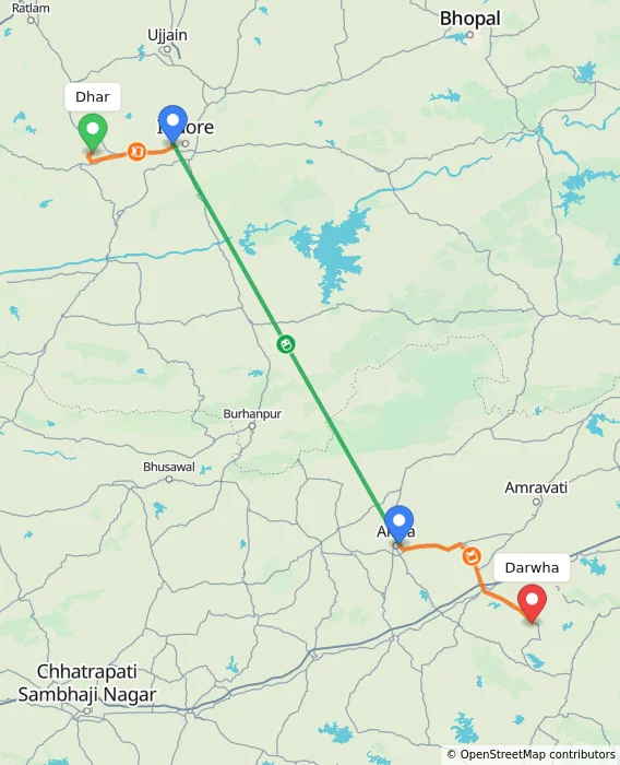 Route map showing distance and travel time from Dhar, India to Darwha, India