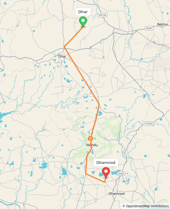 Route map showing distance and travel time from Dhar, India to Dhamnod, India