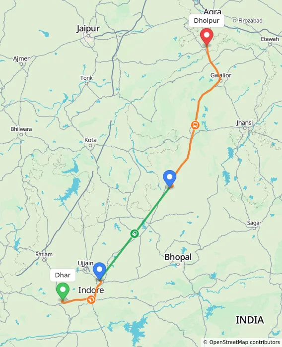 Route map showing distance and travel time from Dhar, India to Dholpur, India