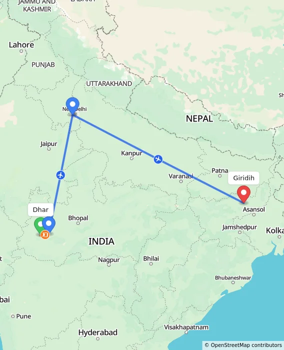 Route map showing distance and travel time from Dhar, India to Giridih, India
