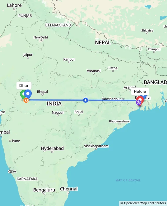Route map showing distance and travel time from Dhar, India to Haldia, India