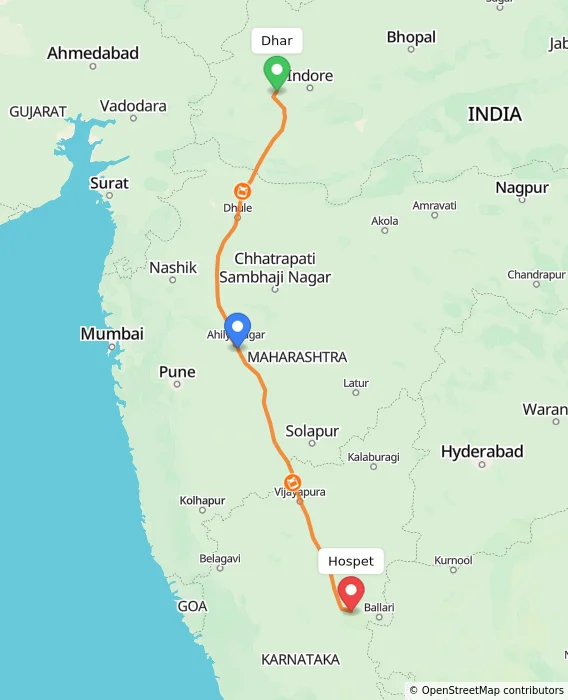 Route map showing distance and travel time from Dhar, India to Hospet, India