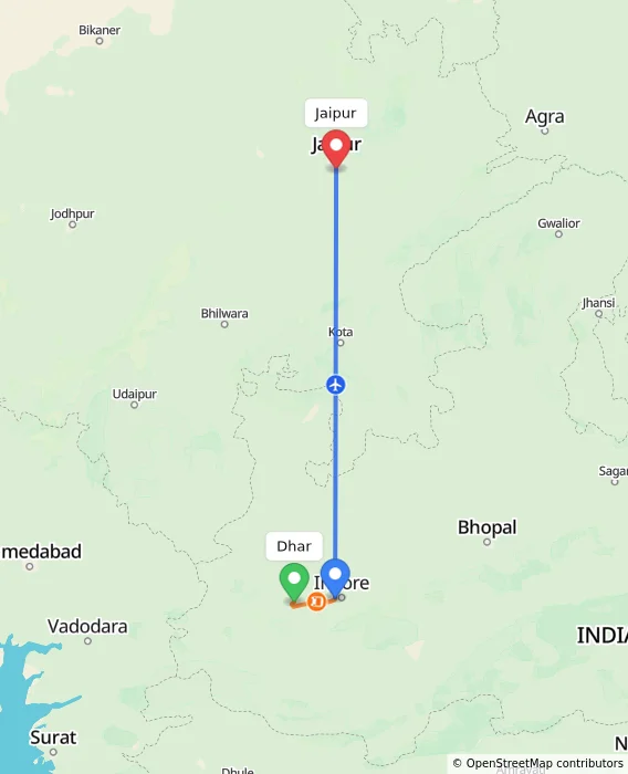Route map showing distance and travel time from Dhar, India to Jaipur, India