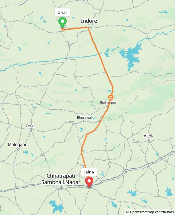 Route map showing distance and travel time from Dhar, India to Jalna, India