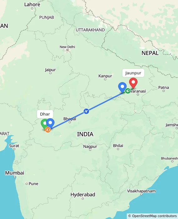 Route map showing distance and travel time from Dhar, India to Jaunpur, India