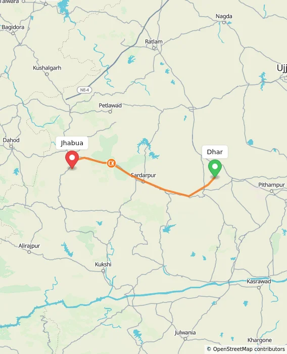 Route map showing distance and travel time from Dhar, India to Jhabua, India