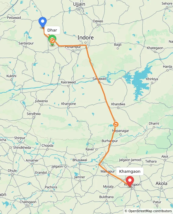 Route map showing distance and travel time from Dhar, India to Khamgaon, India