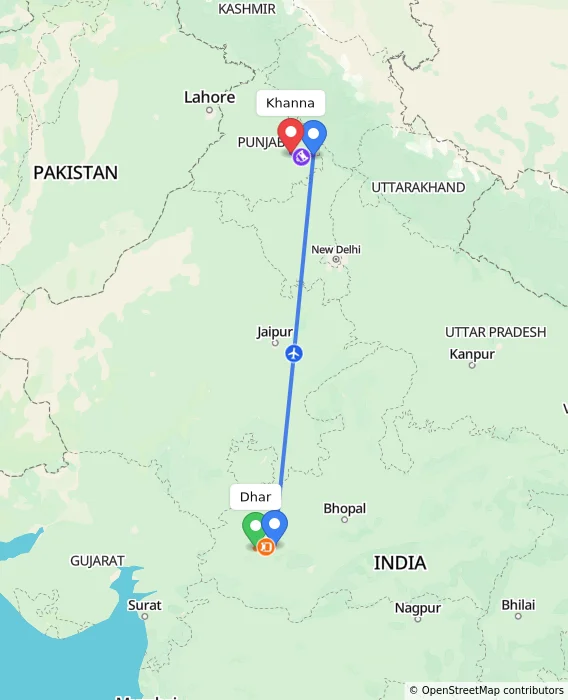 Route map showing distance and travel time from Dhar, India to Khanna, India