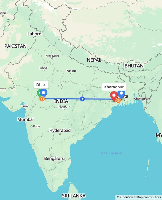 Route map showing distance and travel time from Dhar, India to Kharagpur, India