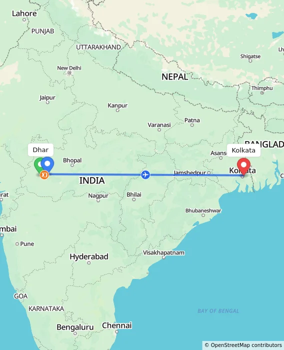 Route map showing distance and travel time from Dhar, India to Kolkata, India