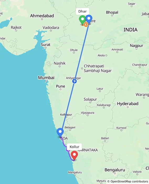 Route map showing distance and travel time from Dhar, India to Kollur, India