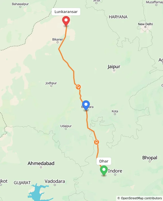 Route map showing distance and travel time from Dhar, India to Lunkaransar, India