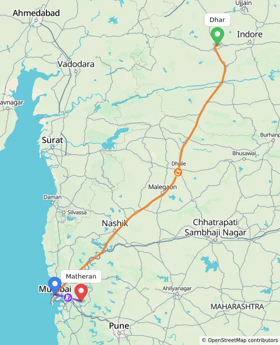 Route map showing distance and travel time from Dhar, India to Matheran, India
