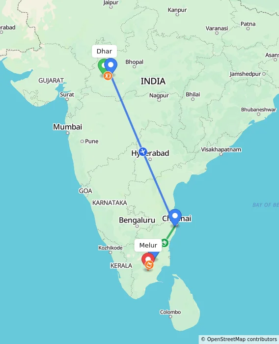 Route map showing distance and travel time from Dhar, India to Melur, India