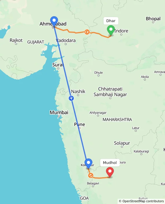 Route map showing distance and travel time from Dhar, India to Mudhol, India