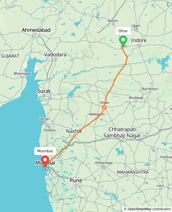 Route map showing distance and travel time from Dhar, India to Mumbai, India
