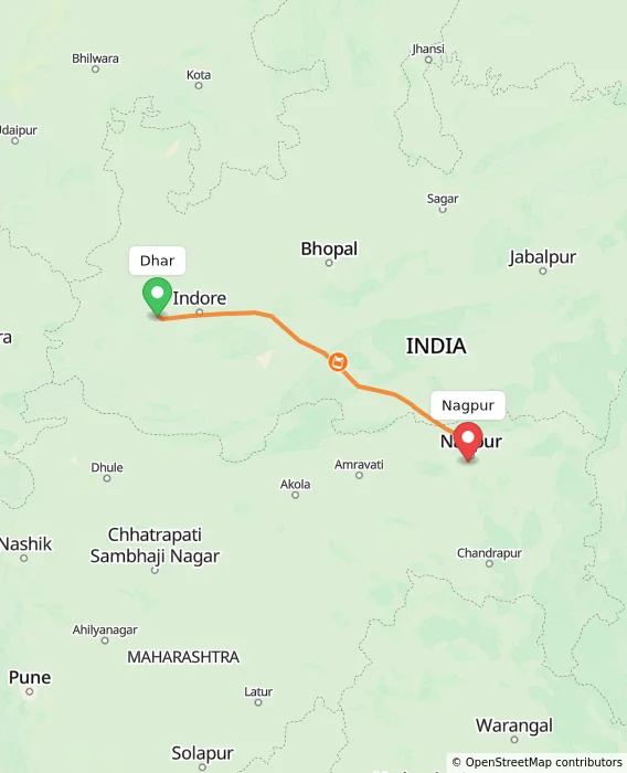 Route map showing distance and travel time from Dhar, India to Nagpur, India