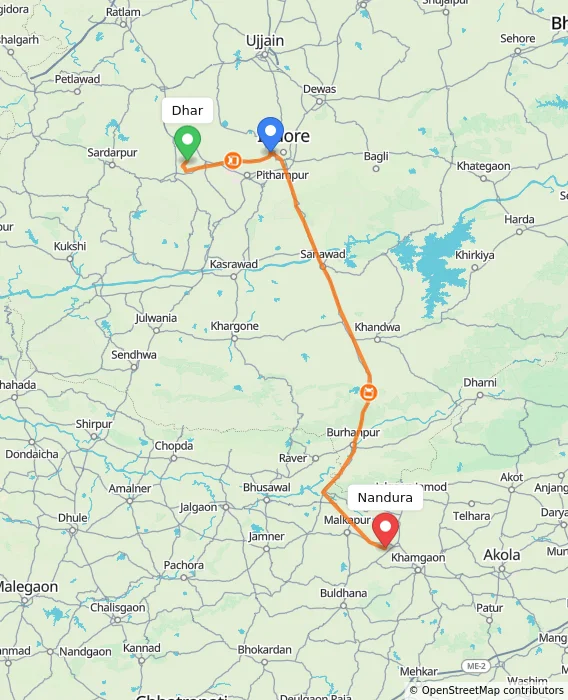 Route map showing distance and travel time from Dhar, India to Nandura, India