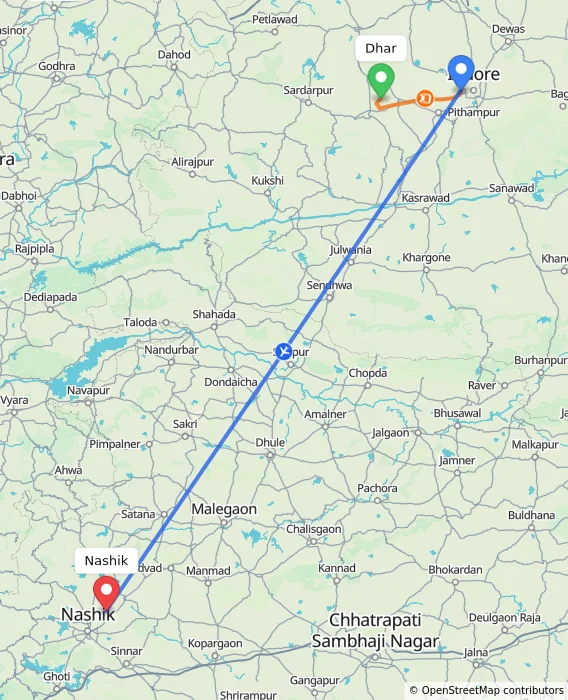 Route map showing distance and travel time from Dhar, India to Nashik, India