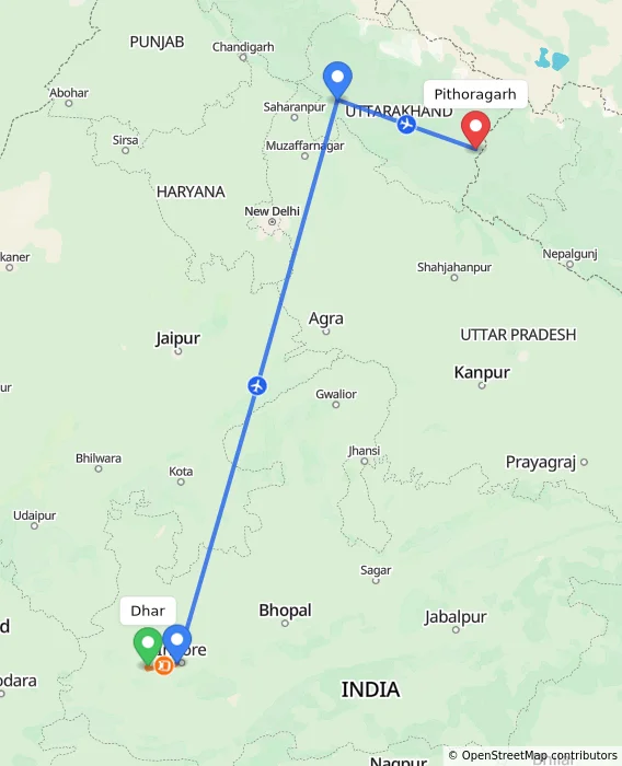 Route map showing distance and travel time from Dhar, India to Pithoragarh, India