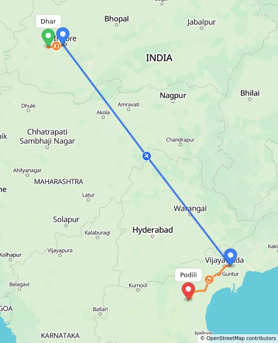 Route map showing distance and travel time from Dhar, India to Podili, India