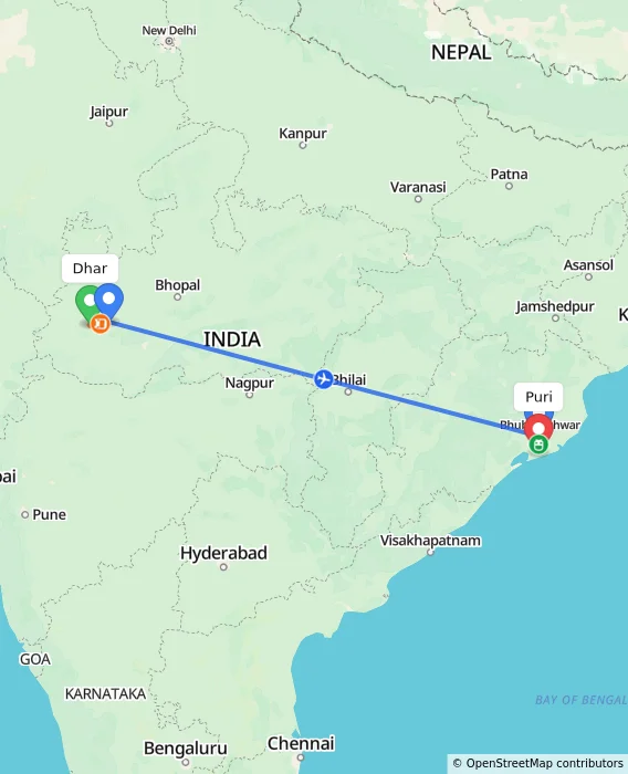 Route map showing distance and travel time from Dhar, India to Puri, India