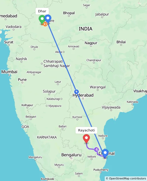 Route map showing distance and travel time from Dhar, India to Rayachoti, India
