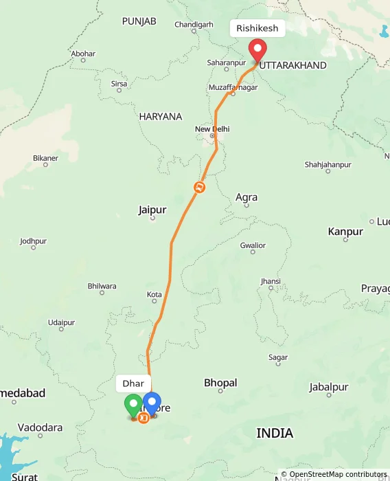 Route map showing distance and travel time from Dhar, India to Rishikesh, India