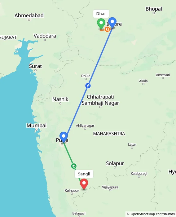 Route map showing distance and travel time from Dhar, India to Sangli, India