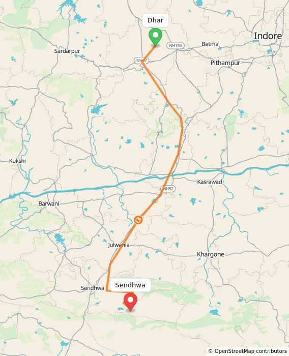 Route map showing distance and travel time from Dhar, India to Sendhwa, India