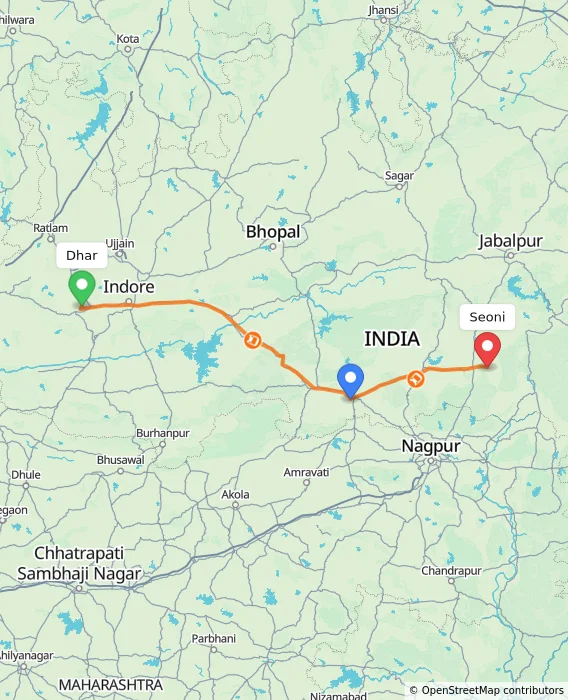 Route map showing distance and travel time from Dhar, India to Seoni, India