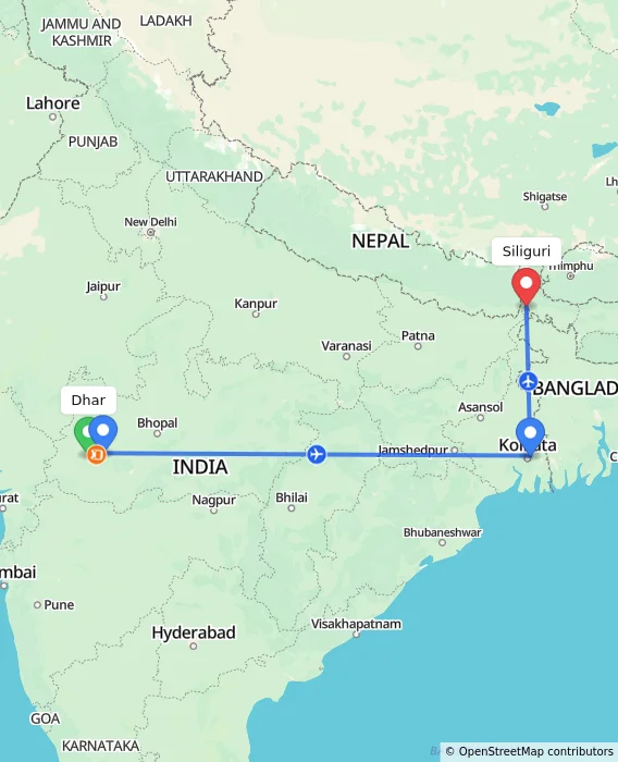 Route map showing distance and travel time from Dhar, India to Siliguri, India