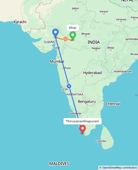 Route map showing distance and travel time from Dhar, India to Thiruvananthapuram, India