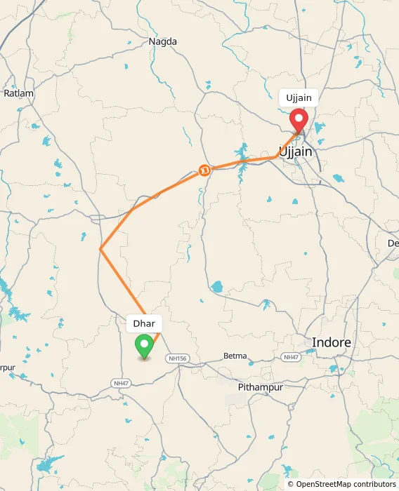 Route map showing distance and travel time from Dhar, India to Ujjain, India