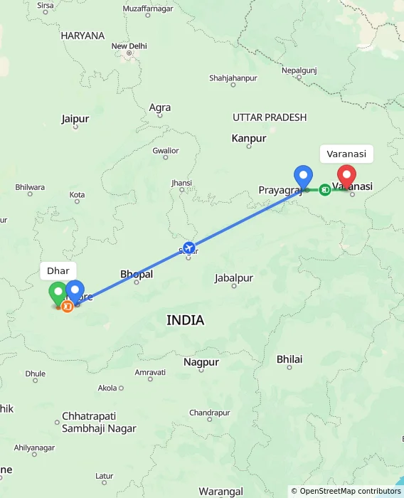 Route map showing distance and travel time from Dhar, India to Varanasi, India