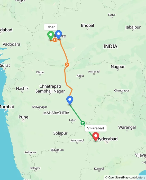 Route map showing distance and travel time from Dhar, India to Vikarabad, India