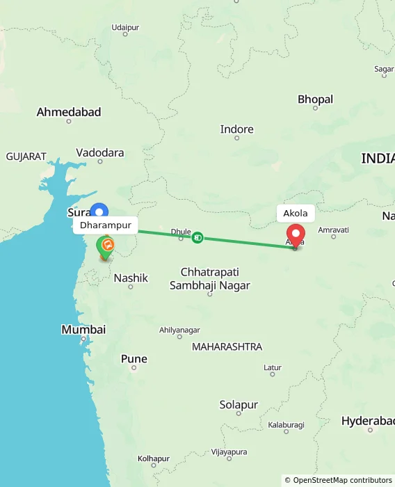 Route map showing distance and travel time from Dharampur, India to Akola, India