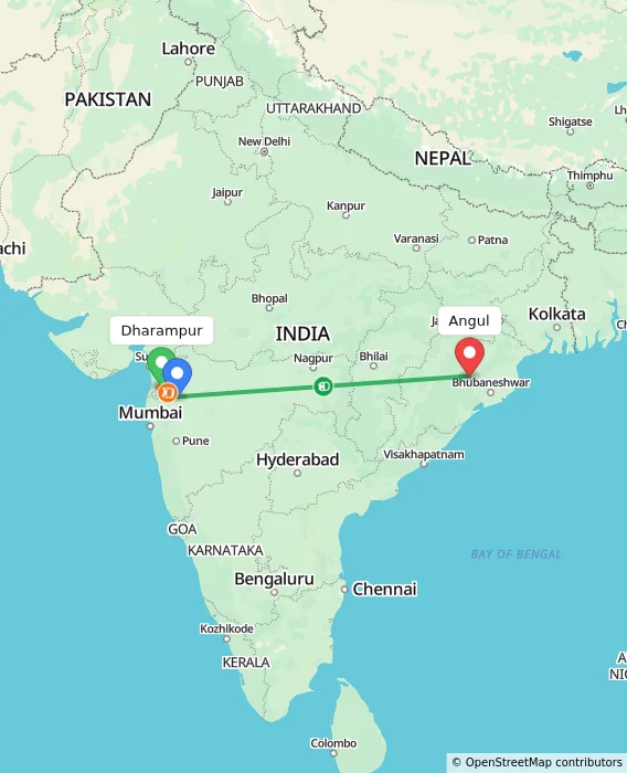 Route map showing distance and travel time from Dharampur, India to Angul, India