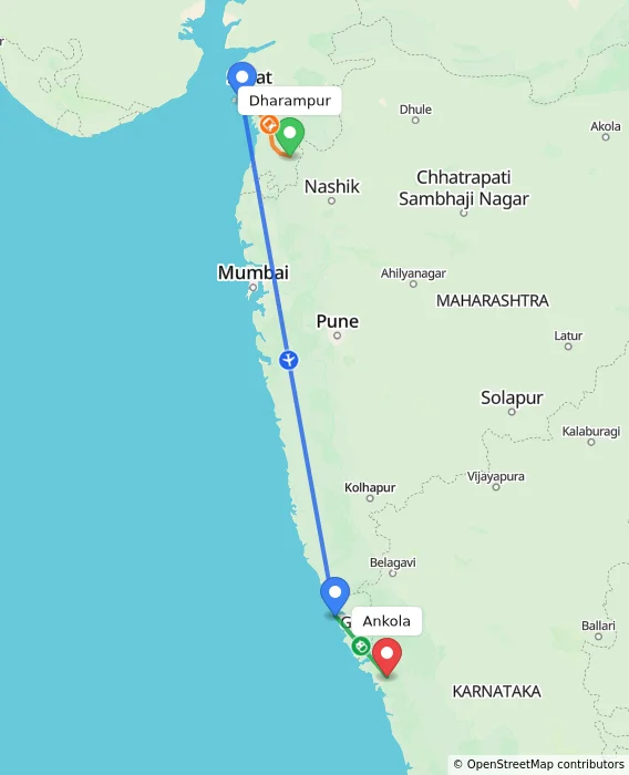 Route map showing distance and travel time from Dharampur, India to Ankola, India
