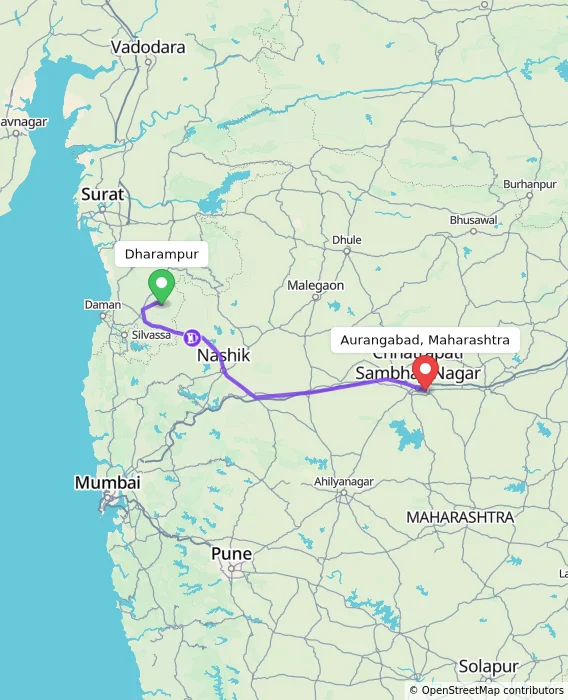Route map showing distance and travel time from Dharampur, India to Aurangabad, Maharashtra, India