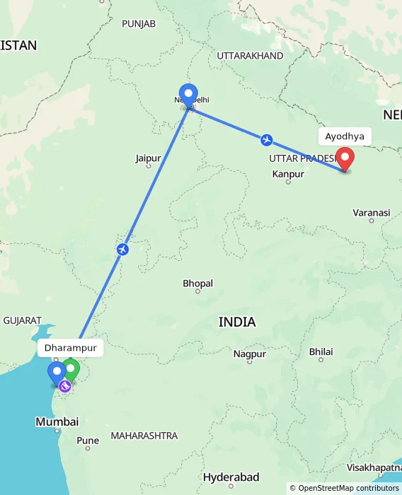 Route map showing distance and travel time from Dharampur, India to Ayodhya, India