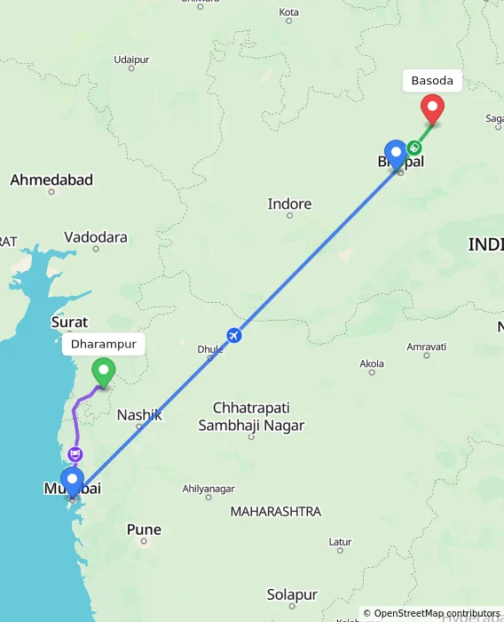 Route map showing distance and travel time from Dharampur, India to Basoda, India