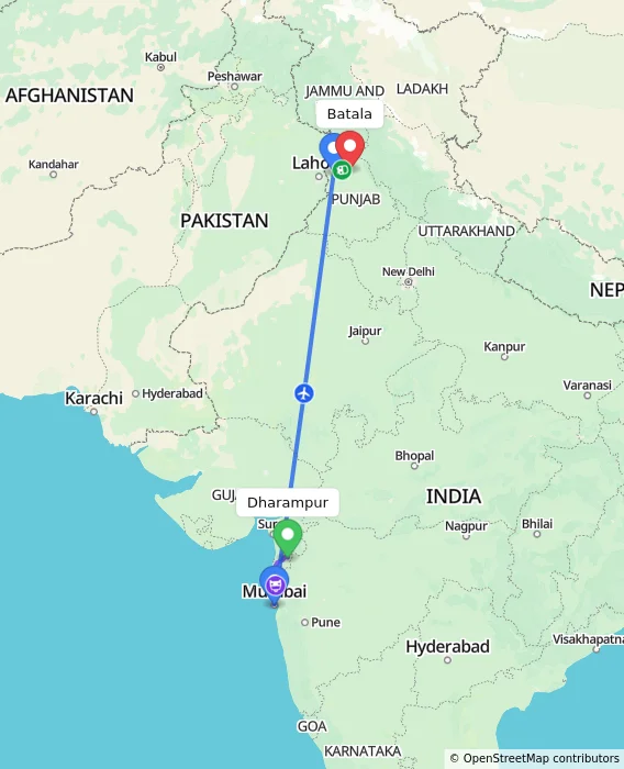 Route map showing distance and travel time from Dharampur, India to Batala, India