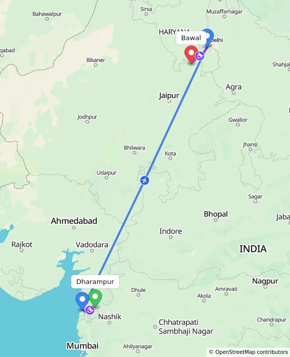 Route map showing distance and travel time from Dharampur, India to Bawal, India