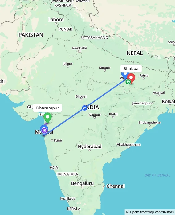 Route map showing distance and travel time from Dharampur, India to Bhabua, India