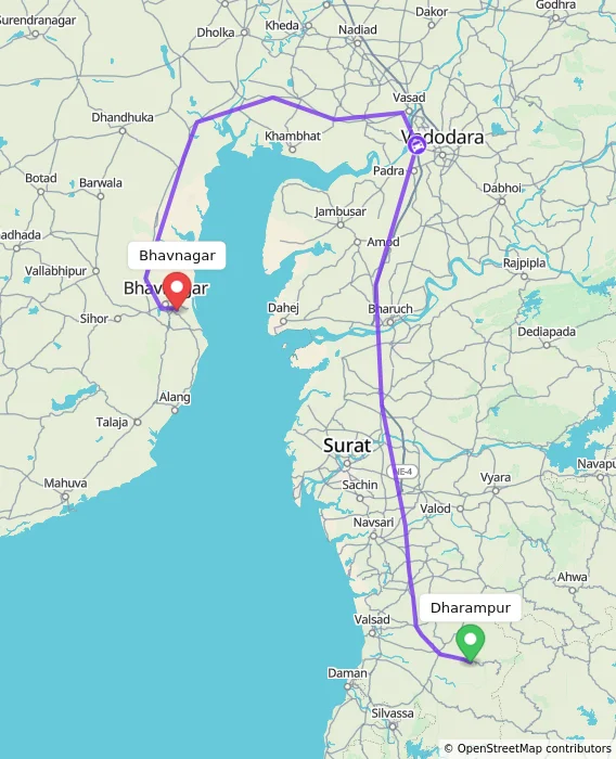 Route map showing distance and travel time from Dharampur, India to Bhavnagar, India