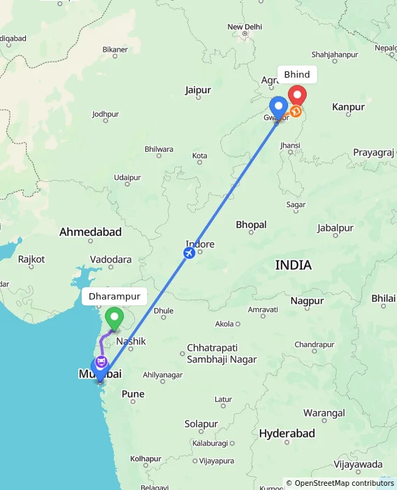 Route map showing distance and travel time from Dharampur, India to Bhind, India